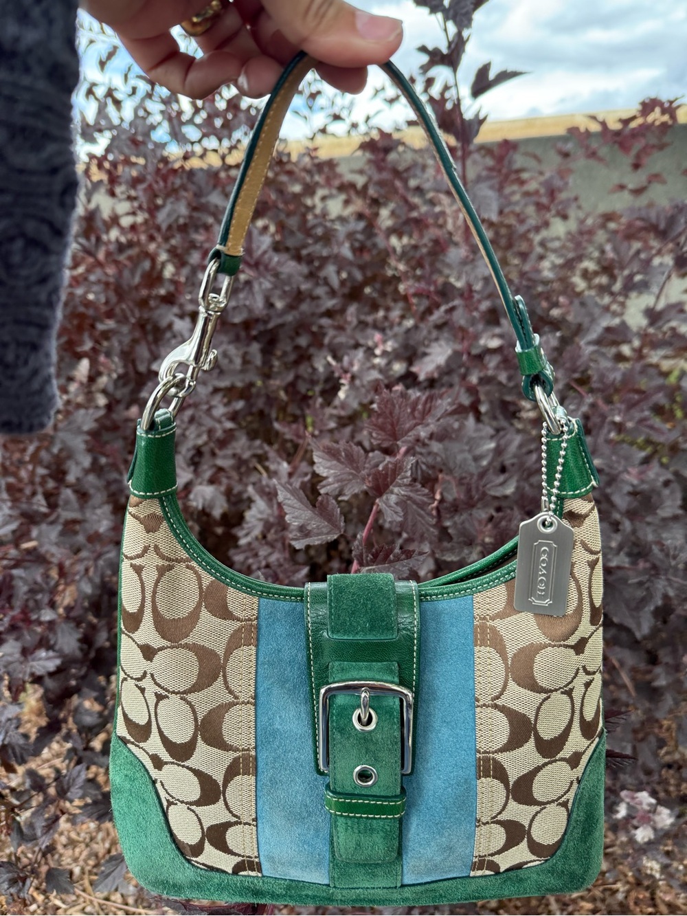 Coach Green, Tan & Blue Signature Canvas Shoulder Bag